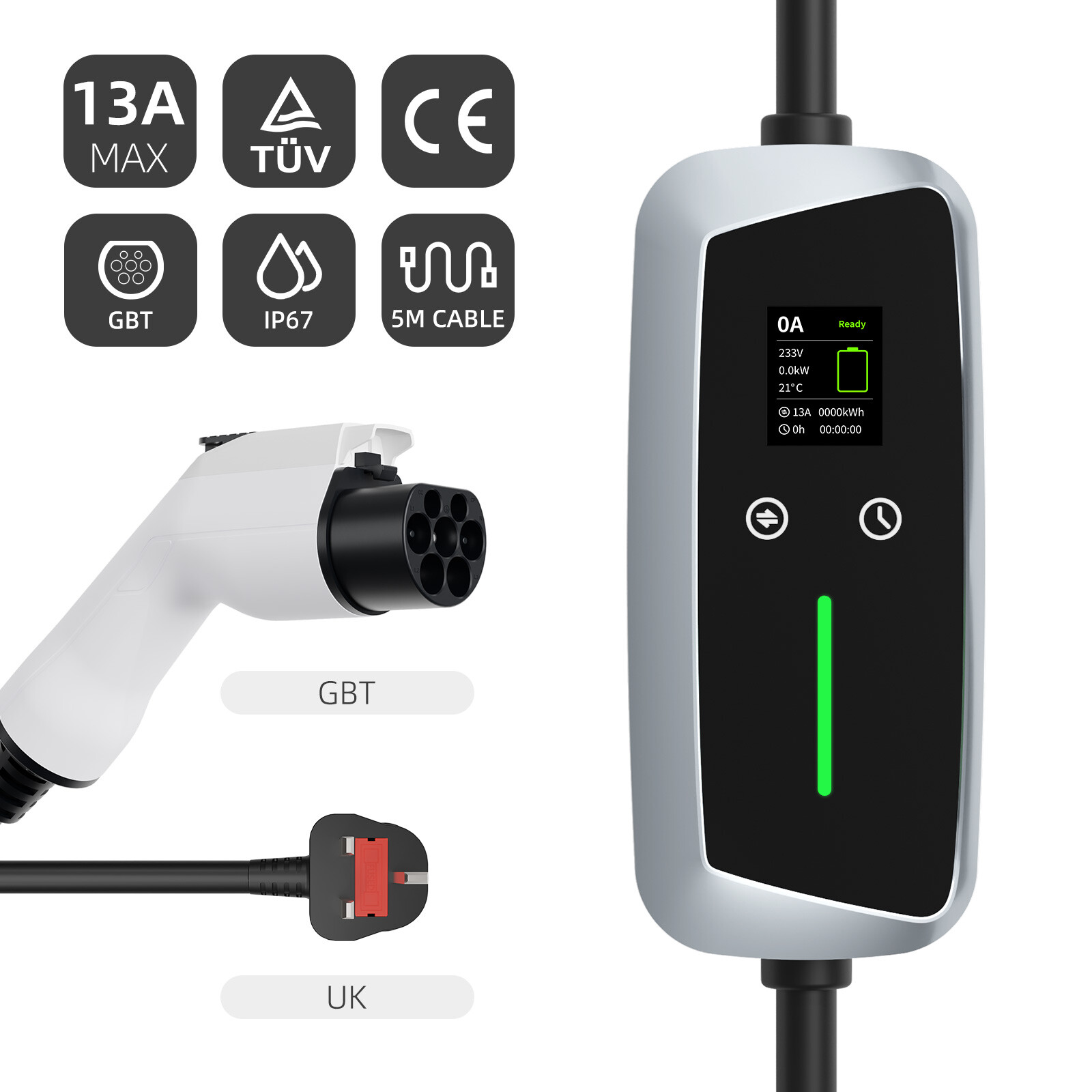 شاحن EV محمول GBT بقدرة 7.4kw مع شاشة LCD