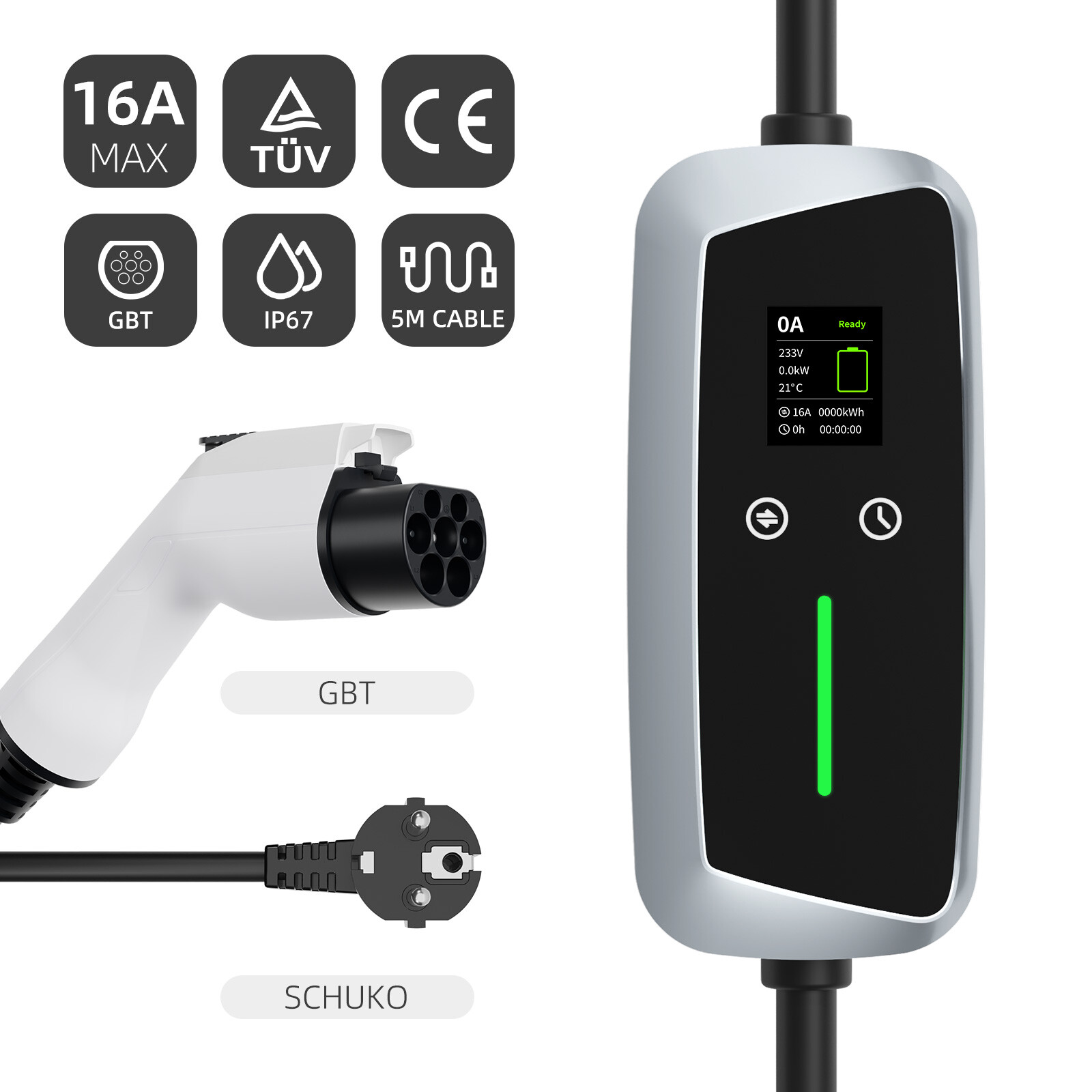 شاحن EV محمول GBT بقدرة 7.4kw مع شاشة LCD