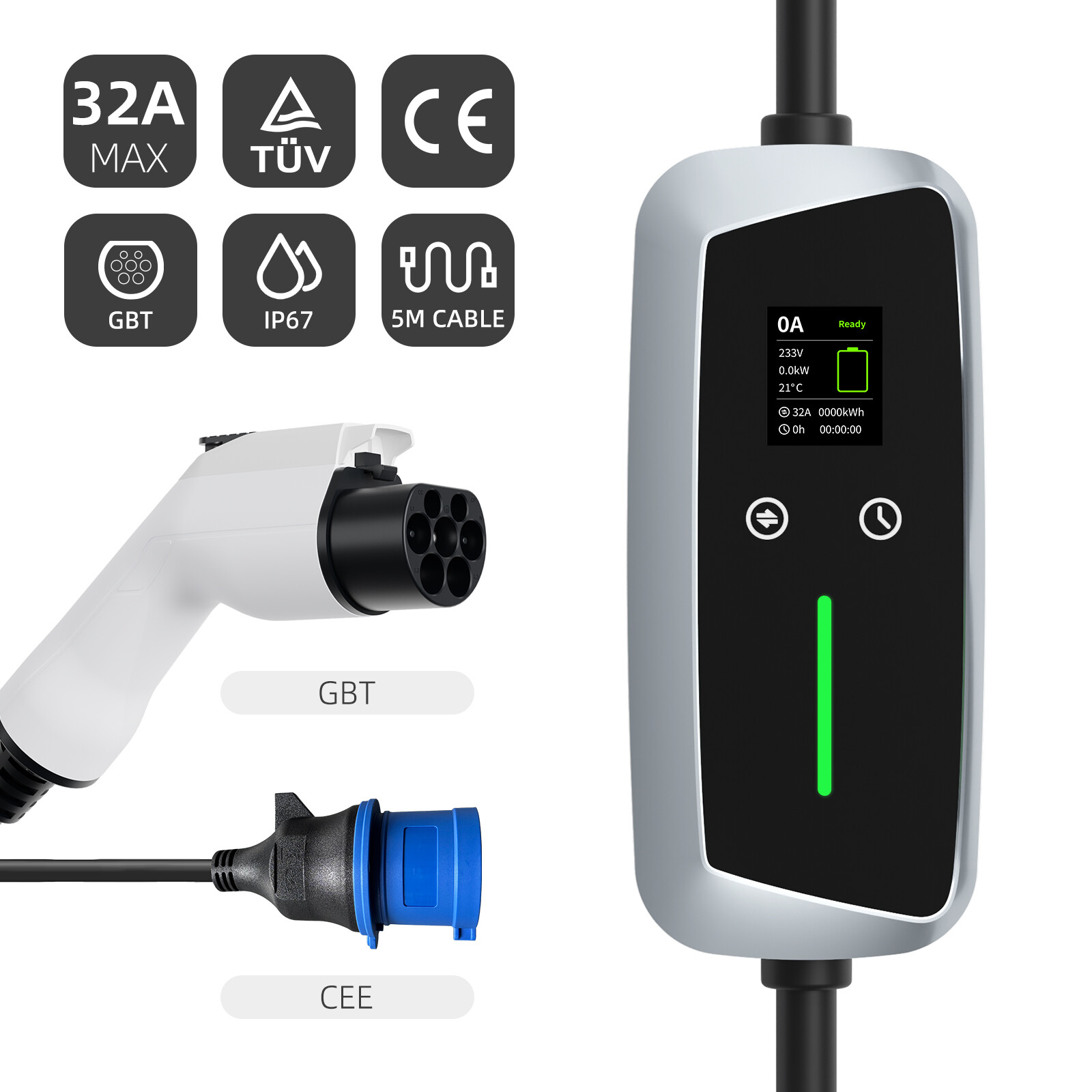 شاحن EV محمول GBT بقدرة 7.4kw مع شاشة LCD