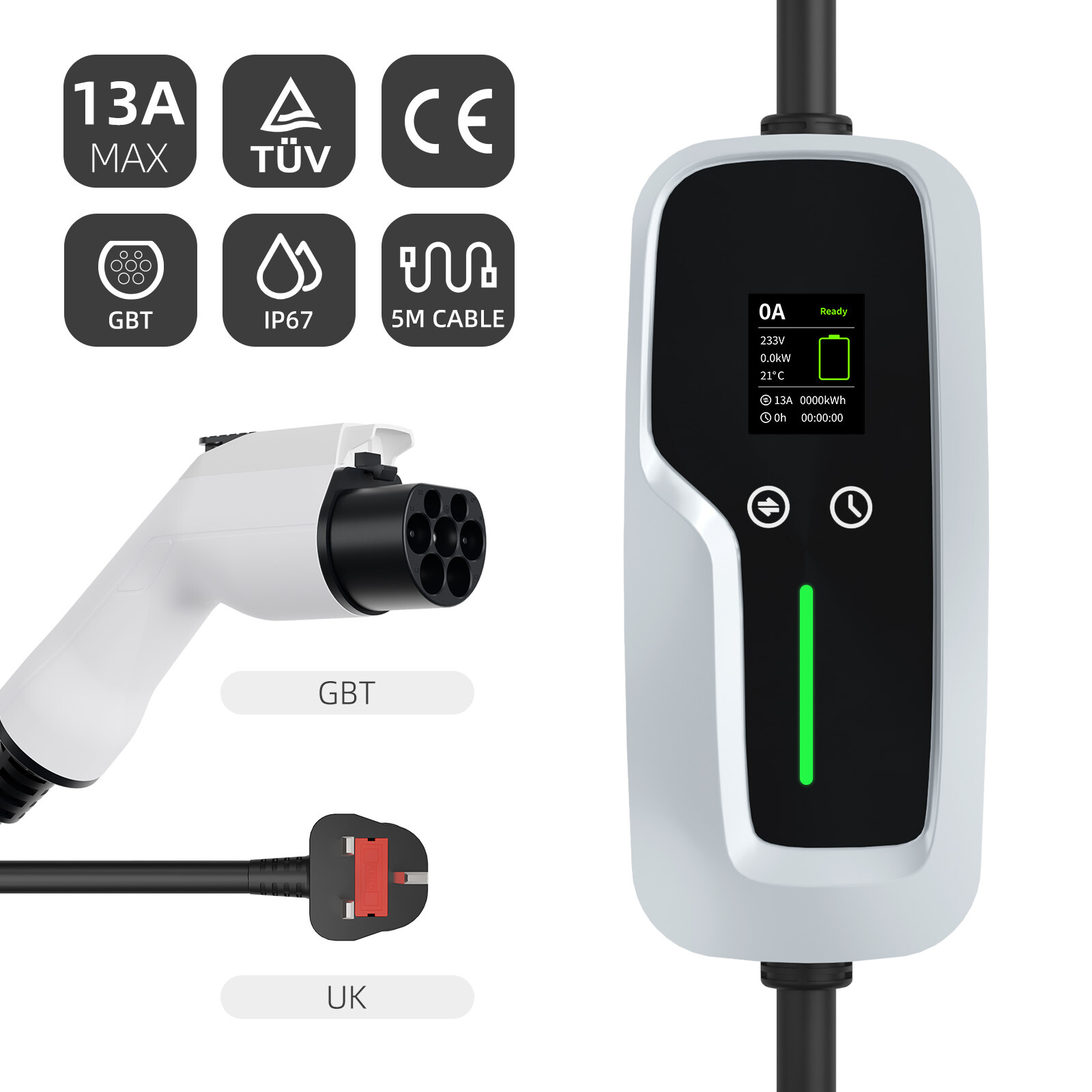 شاحن EV محمول GBT بقدرة 7.4kw مع شاشة LCD