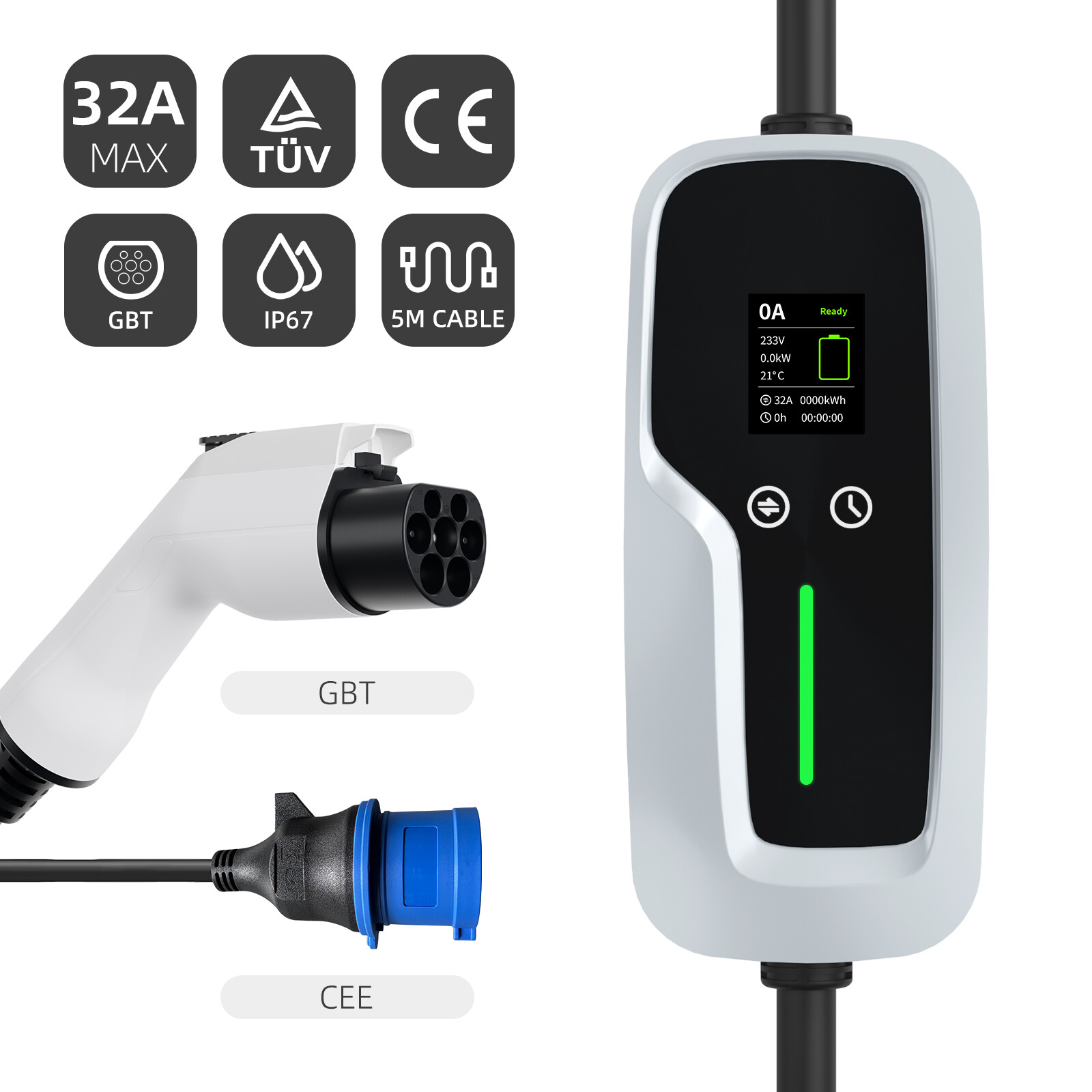 شاحن EV محمول GBT بقدرة 7.4kw مع شاشة LCD