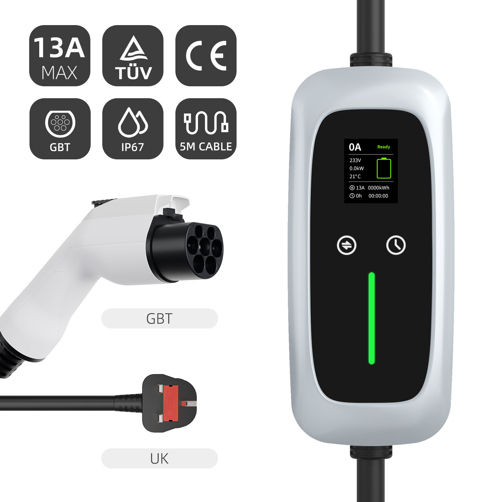 شاحن EV محمول GBT بقدرة 7.4kw مع شاشة LCD