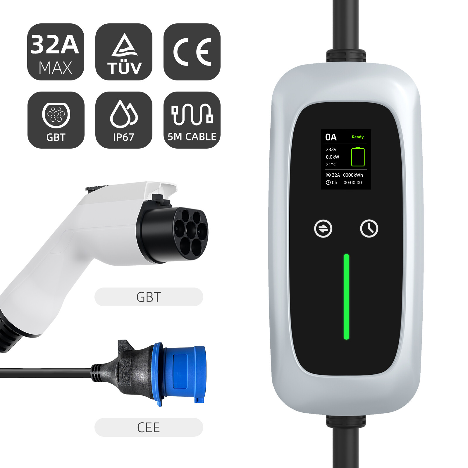 شاحن EV محمول GBT بقدرة 7.4kw مع شاشة LCD