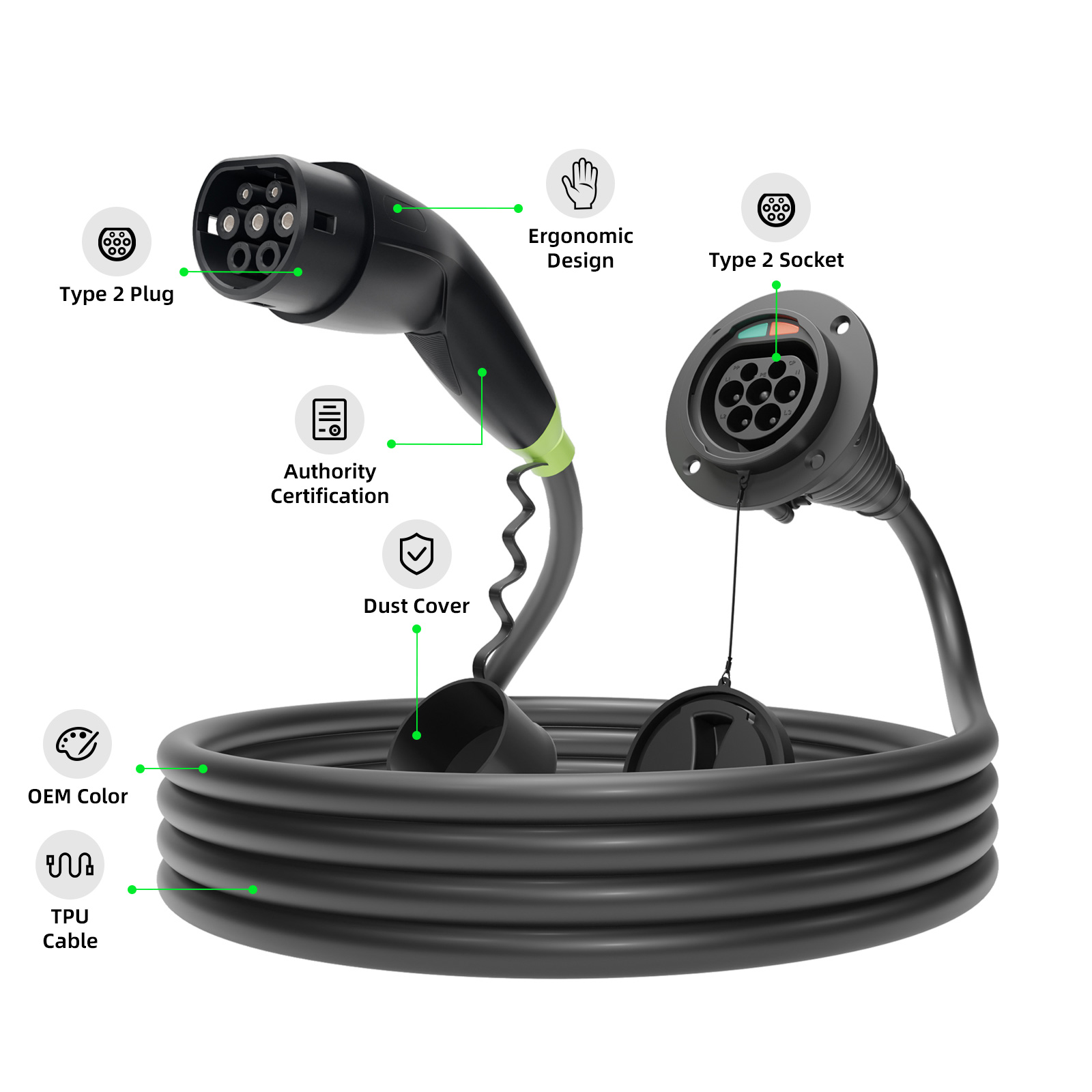 كابل تمديد EVSEClub Type 2 بقدرة قصوى 22kw