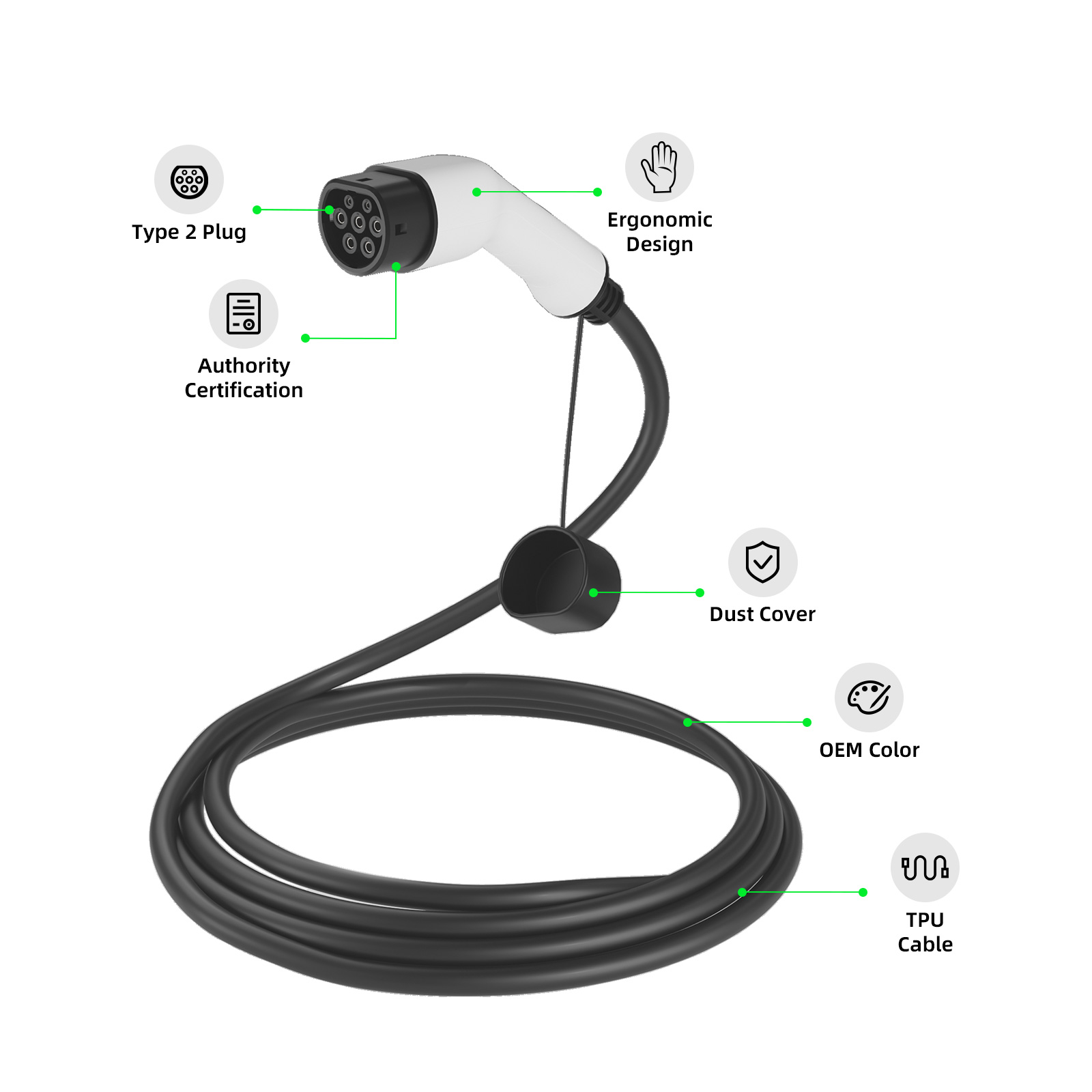 كابل شحن المركبات الكهربائية EVSEClub G1.0 من النوع 2 إلى طرف مفتوح