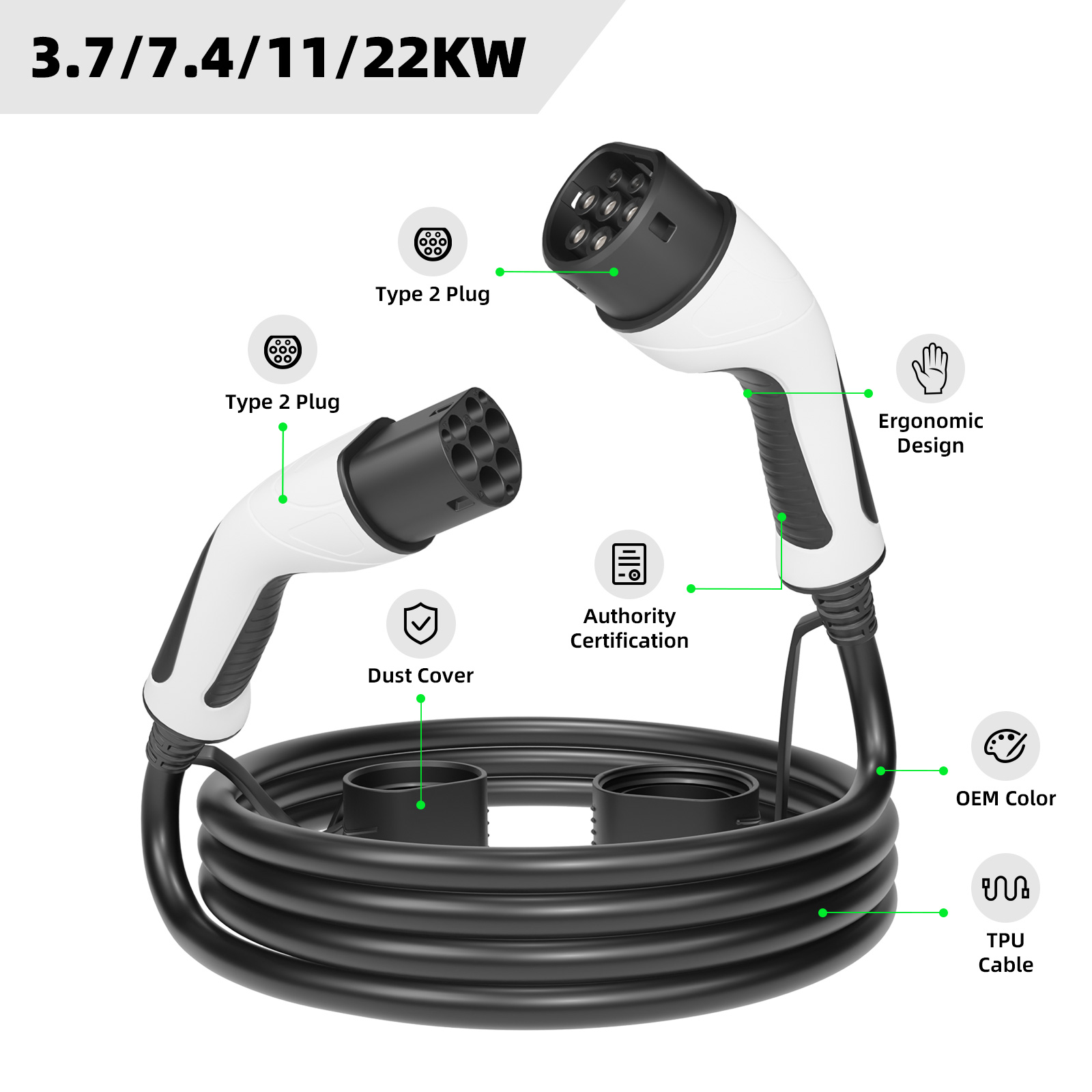 كابل شحن السيارات الكهربائية EVSEClub G2.0 من Type 2 إلى Type 2