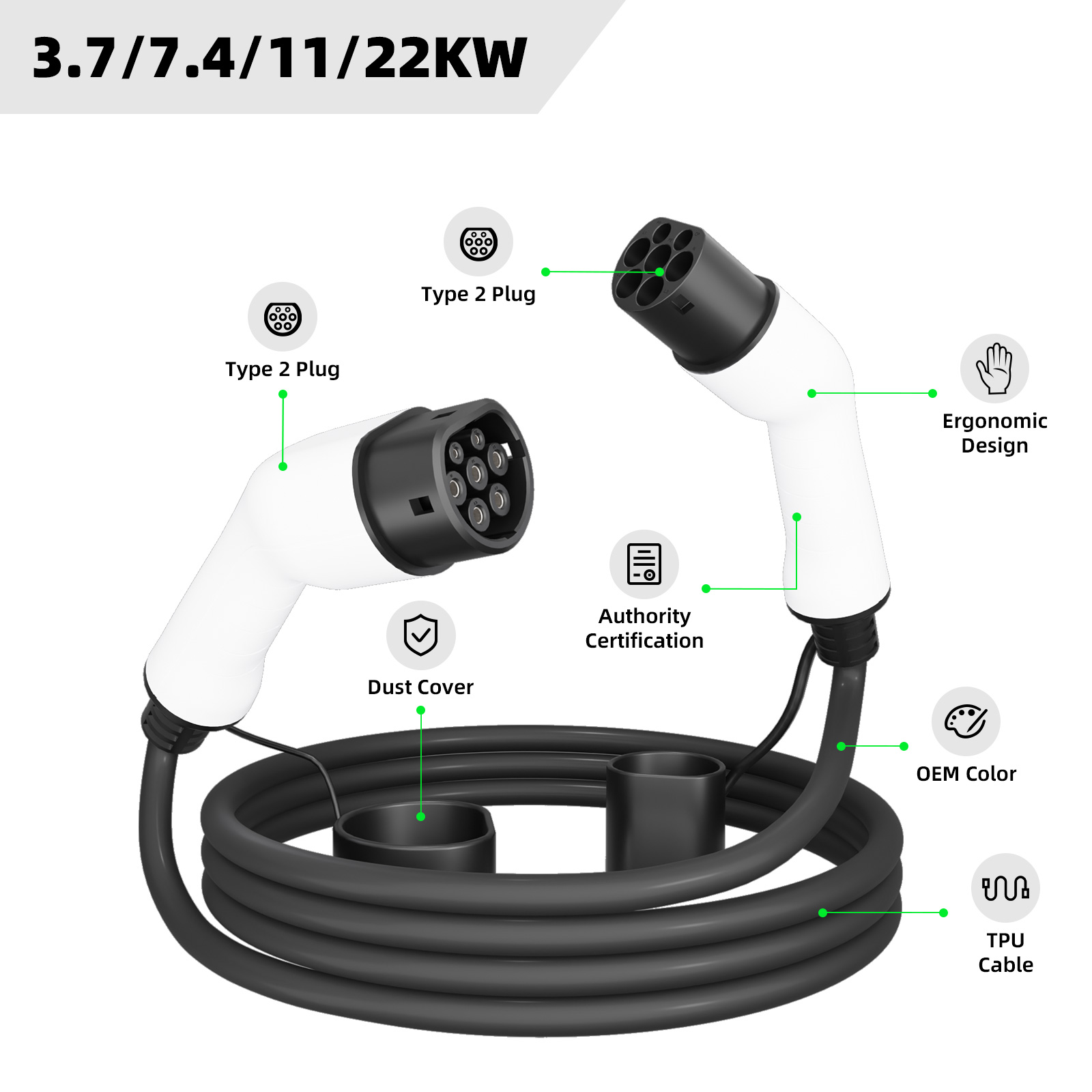 كابل شحن المركبات الكهربائية EVSEClub G1.0 من النوع 2 إلى النوع 2 كابل شحن المركبات الكهربائية EVSEClub G1.0 من النوع 2 إلى النوع 2