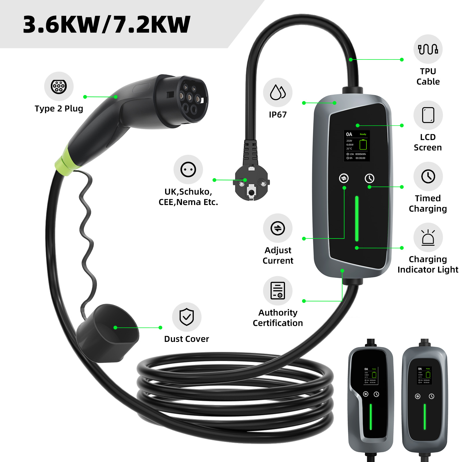 شاحن سيارات كهربائية محمول نوع 2 بقدرة 7.4kw مع شاشة LCD