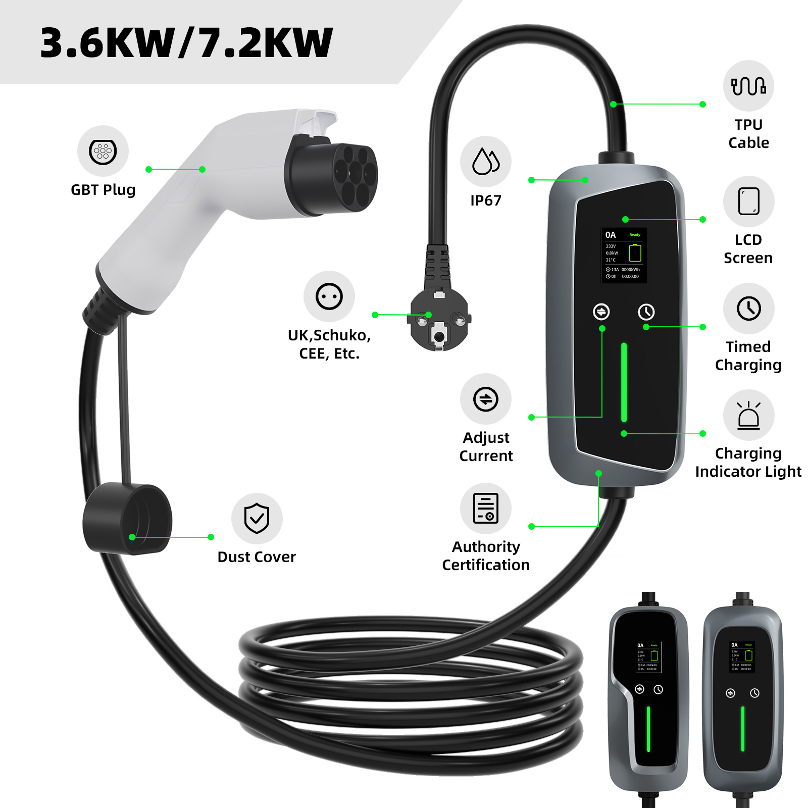 شاحن EV محمول GBT بقدرة 7.4kw مع شاشة LCD شاحن EV محمول GBT بقدرة 7.4kw مع شاشة LCD