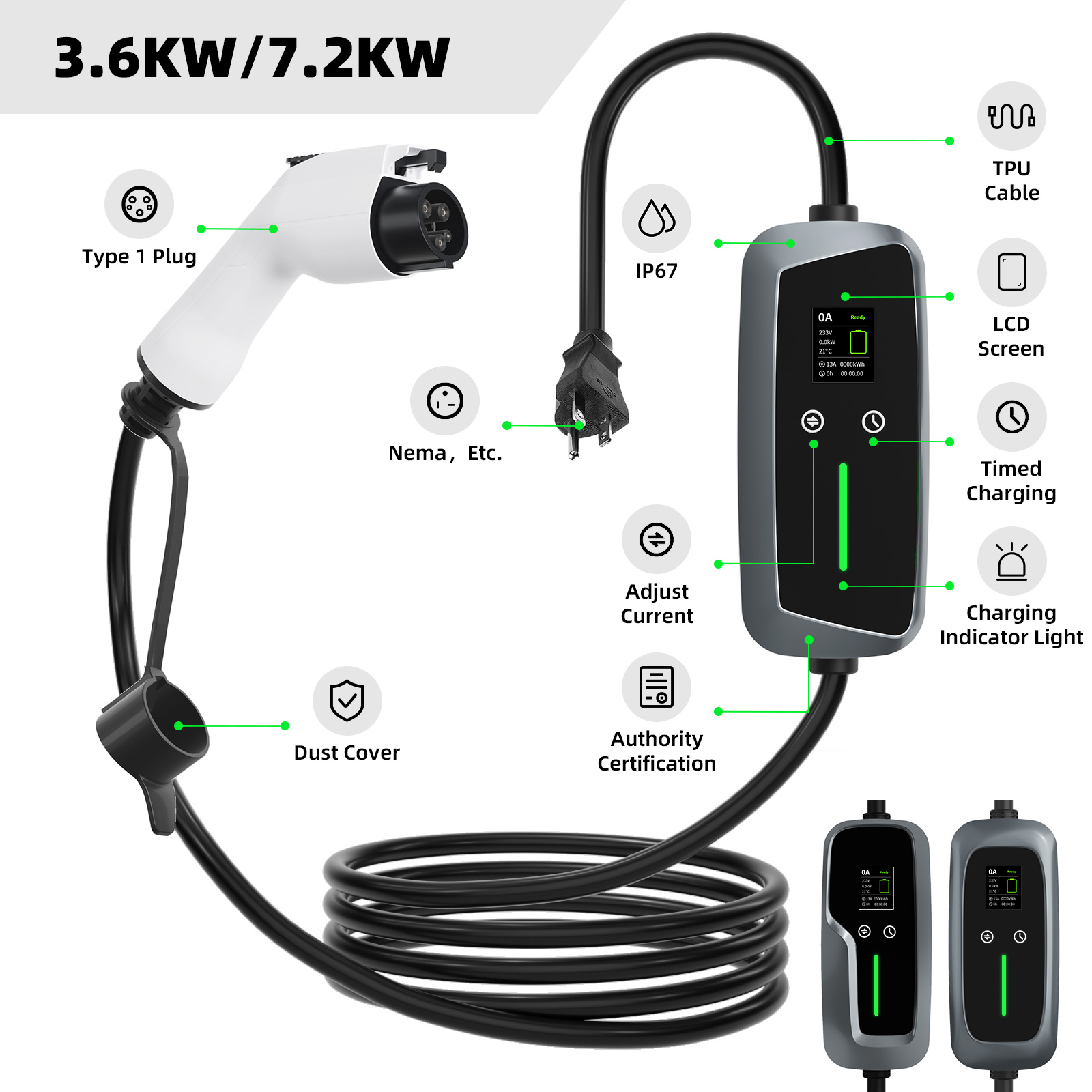 شاحن مركبات كهربائية محمول نوع 1 بقدرة 7.4kw مع شاشة LCD