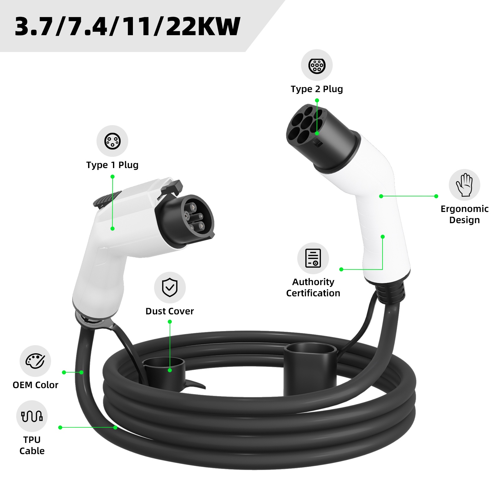 كابل شحن المركبات الكهربائية EVSEClub G1.0 من النوع 2 إلى النوع 1 كابل شحن المركبات الكهربائية EVSEClub G1.0 من النوع 2 إلى النوع 1